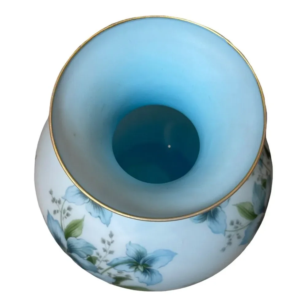 Vintage Italian Vase 10 Inch Frosted Blue Satin Art Glass Iris Flowers Gold Gilt